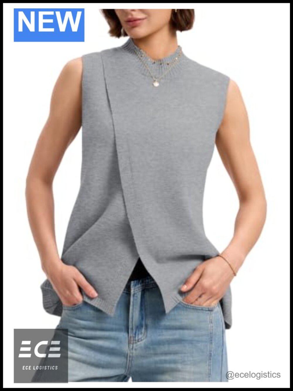 Mock Neck Sweater Vest Slim Fit Side Split Sleeveless Pullover